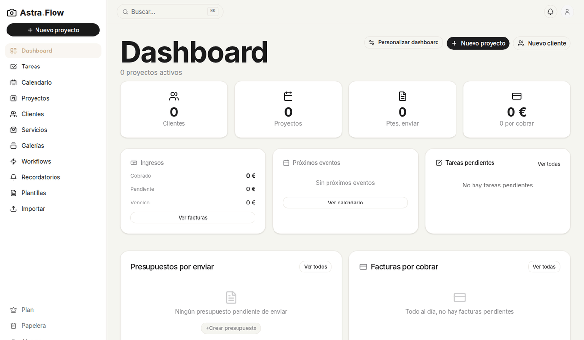 Dashboard de AstraFlow - CRM para fotógrafos